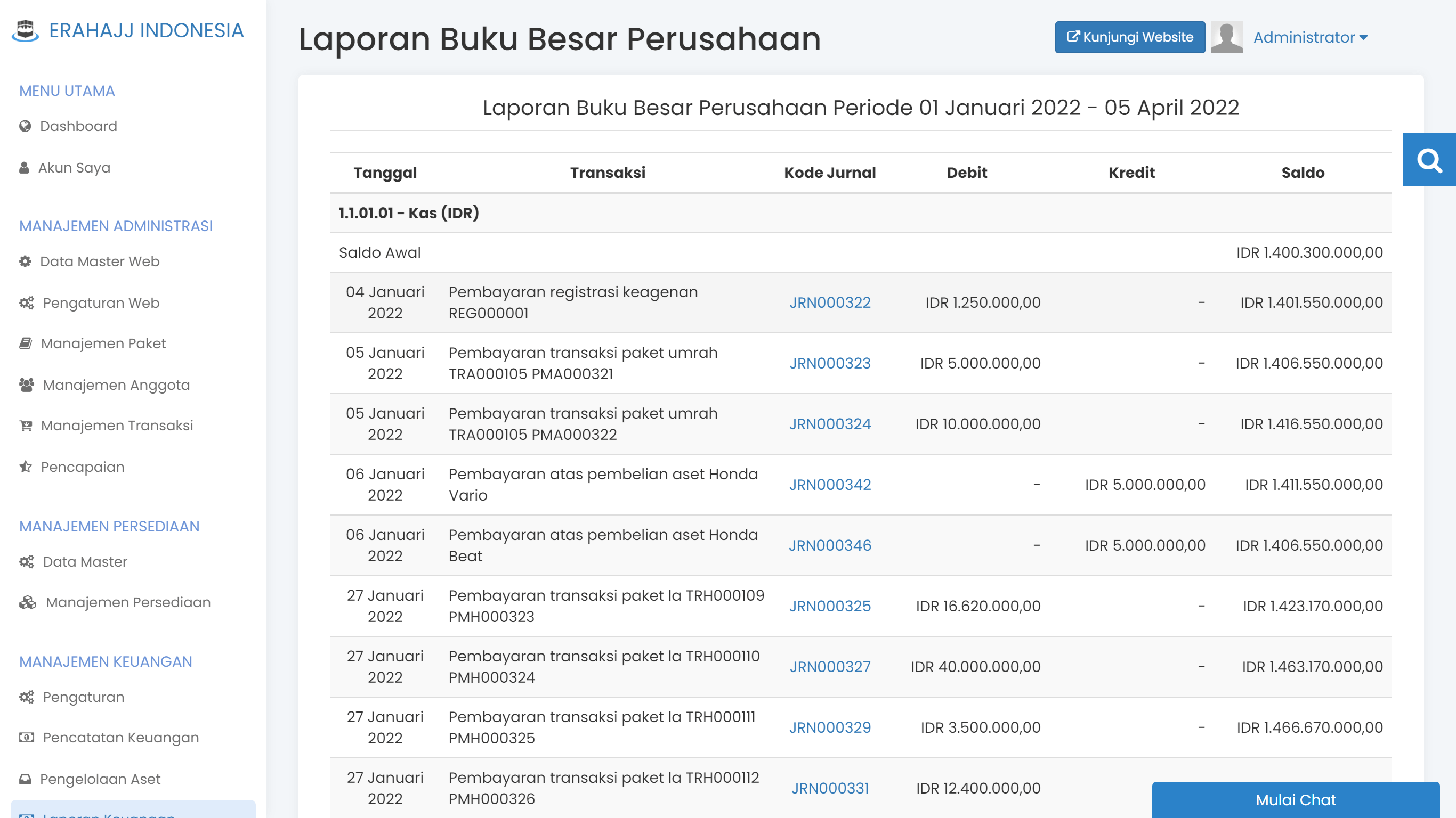 Layar jurnal dan buku besar perusahaan di Safar