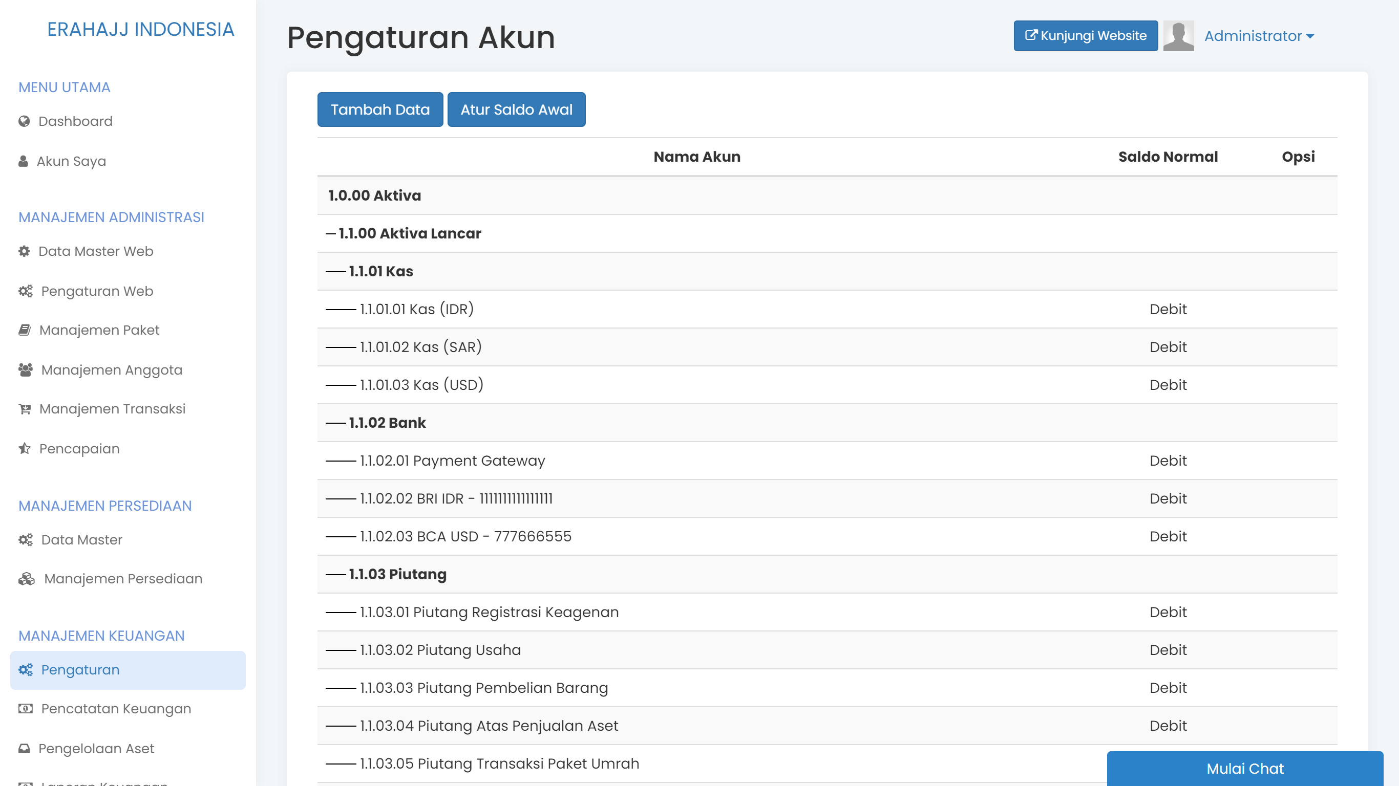 Layar pengaturan akun keuangan di Safar