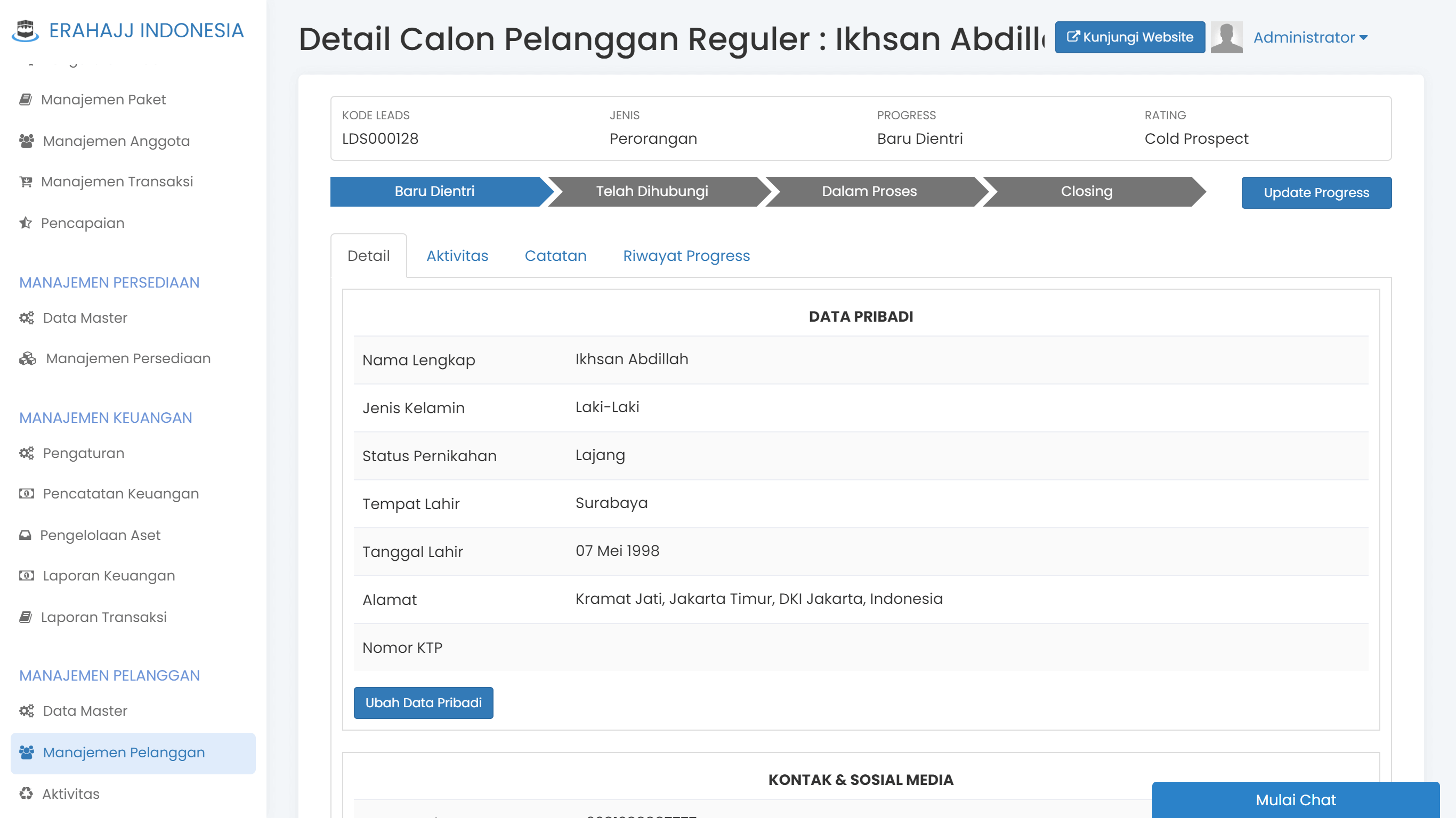 Layar database calon jamaah di CRM Safar