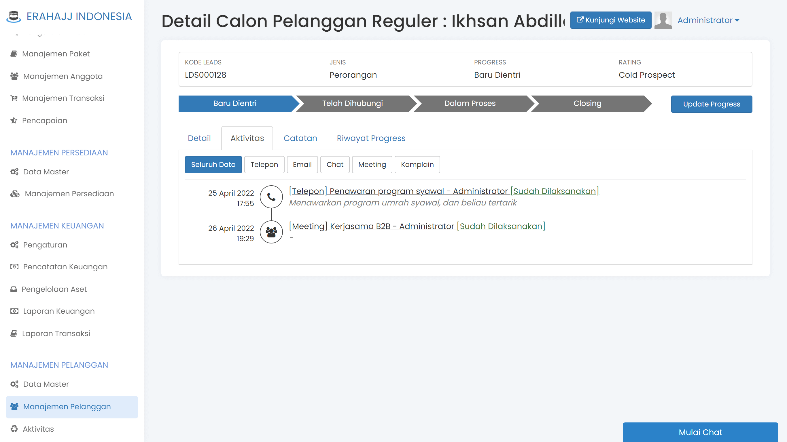 Layar riwayat follow up calon jamaah di CRM Safar