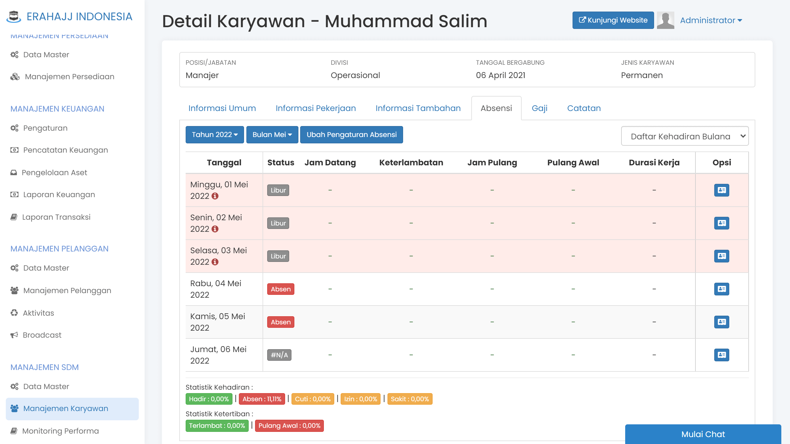 Layar penilaian kinerja KPI di HRIS Safar