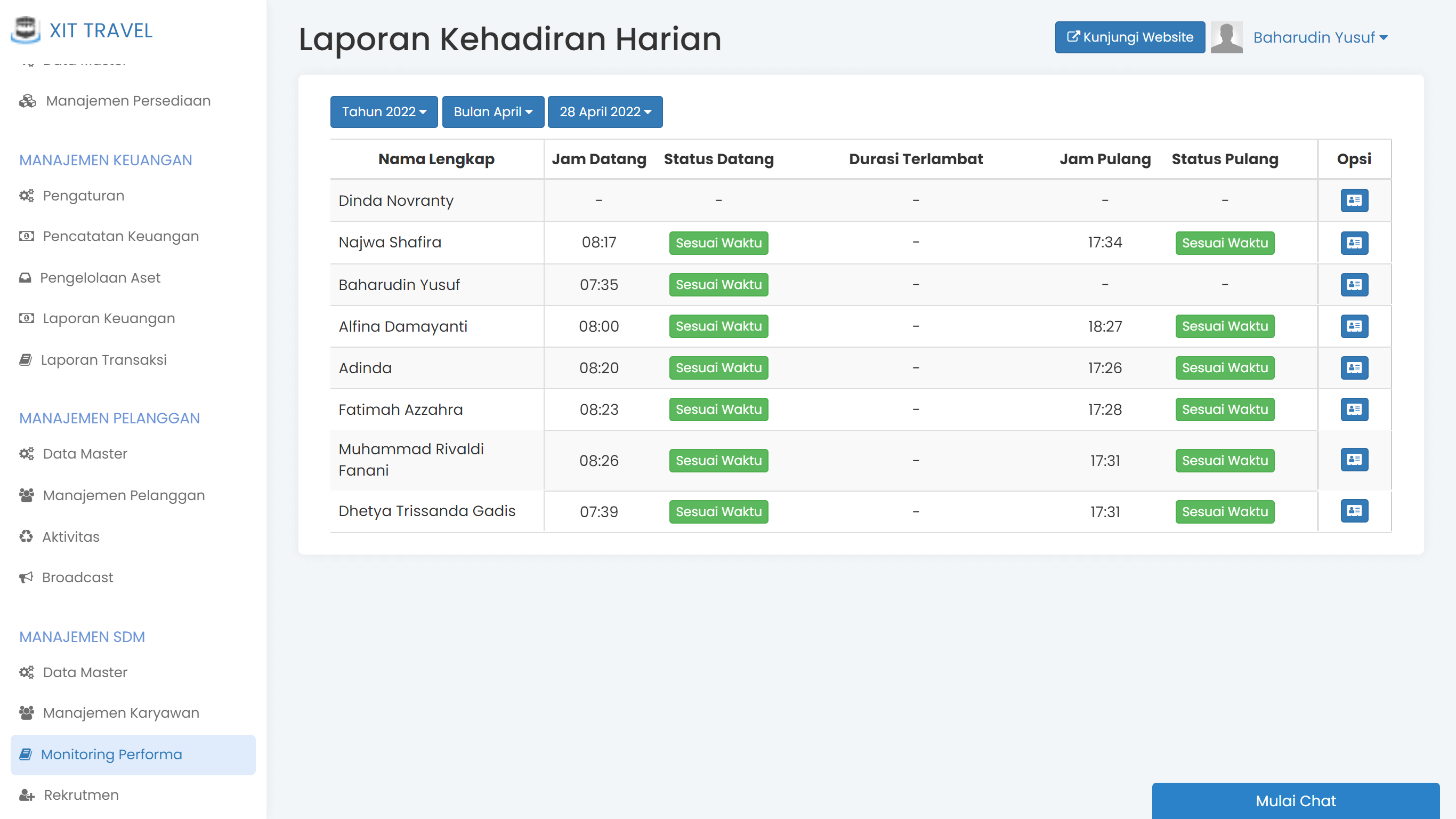 Layar presensi online karyawan di HRIS Safar