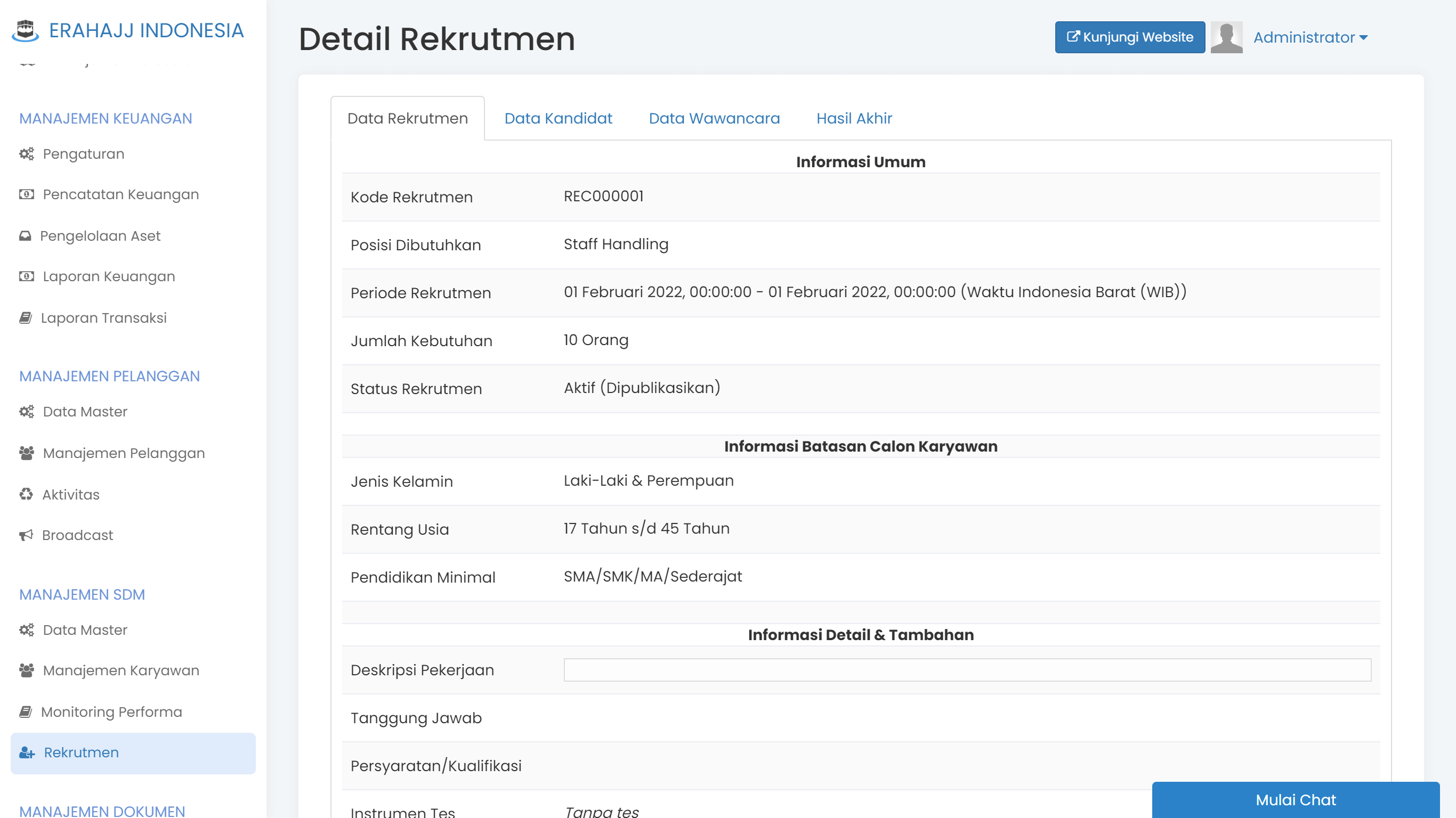 Layar rekrutmen dan psikotes online di HRIS Safar