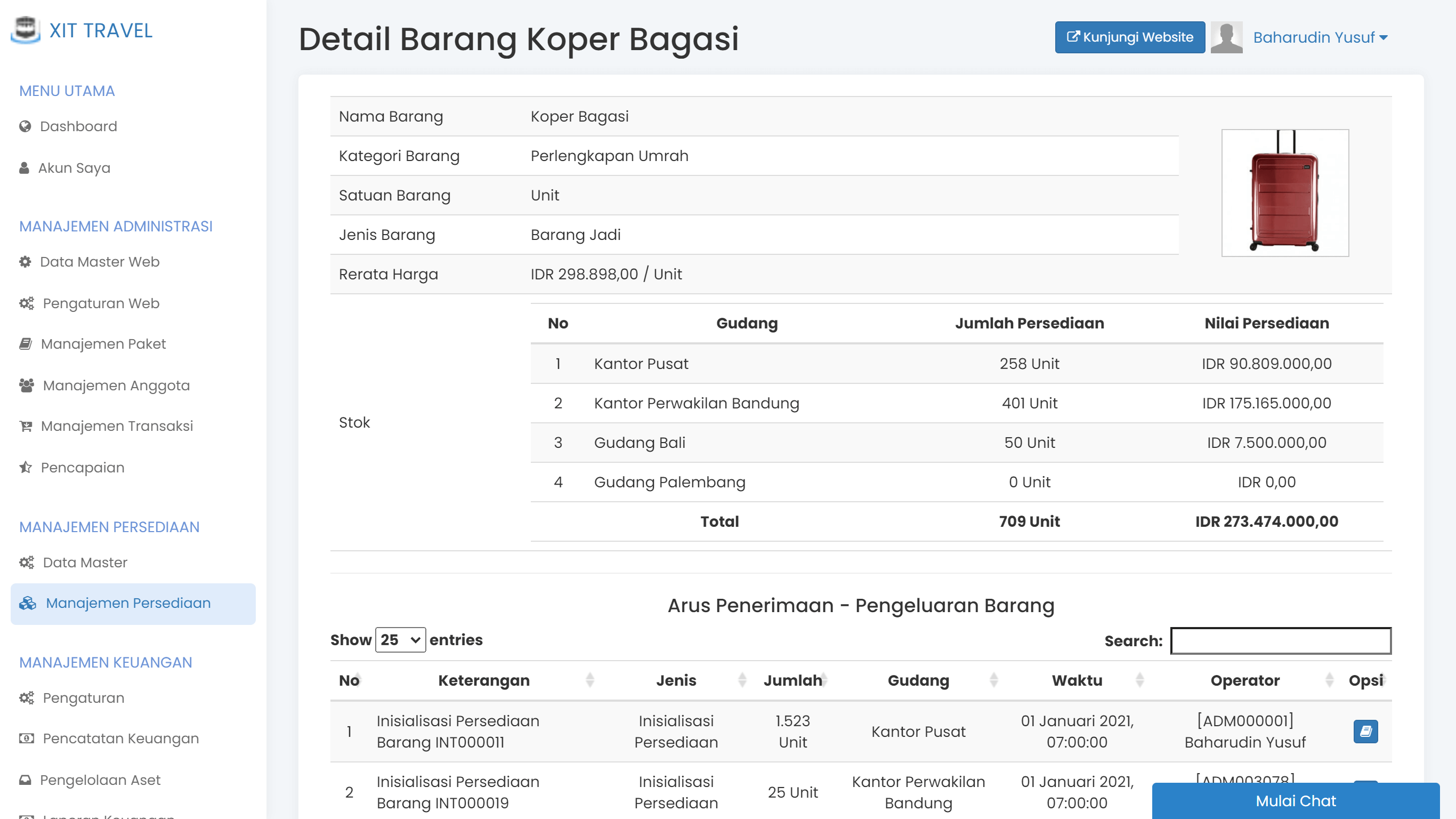 Layar informasi detail persediaan barang di Safar