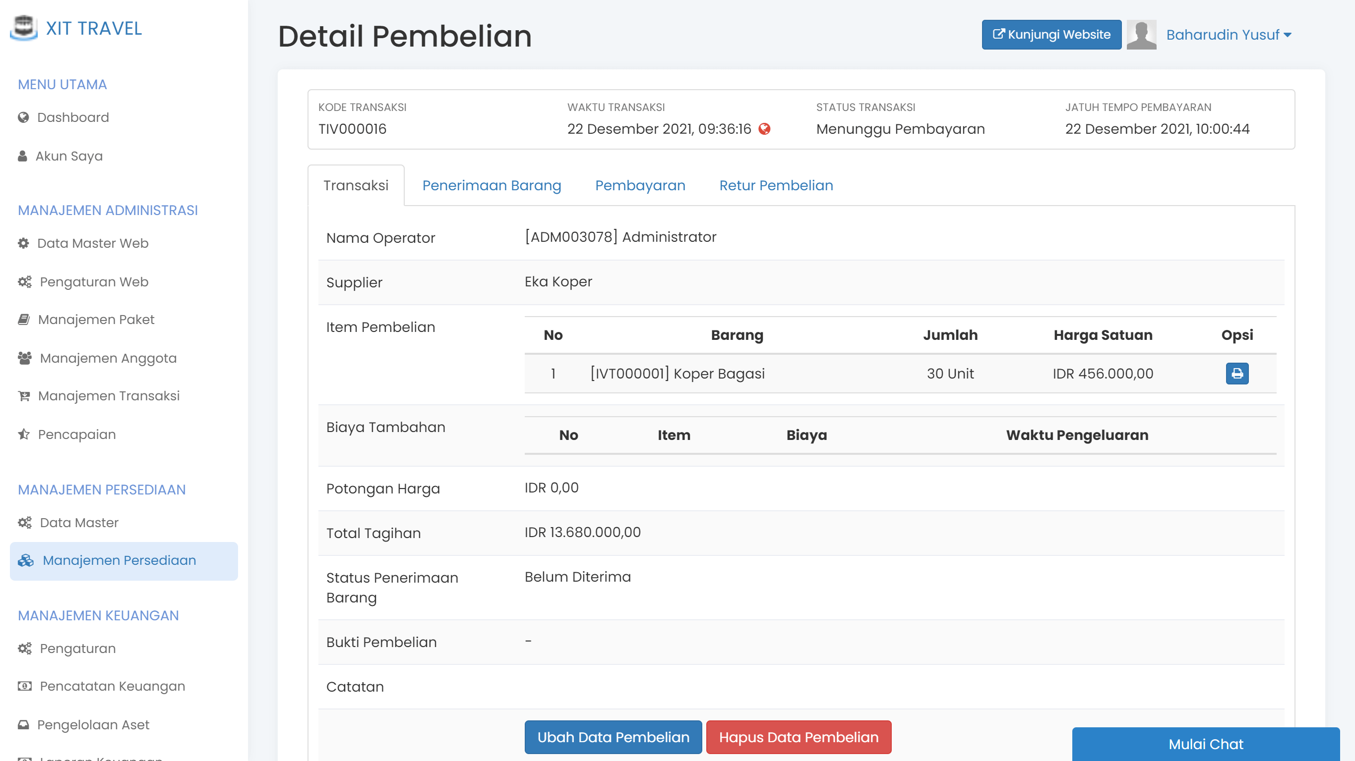 Layar pencatatan pembelian barang di Safar