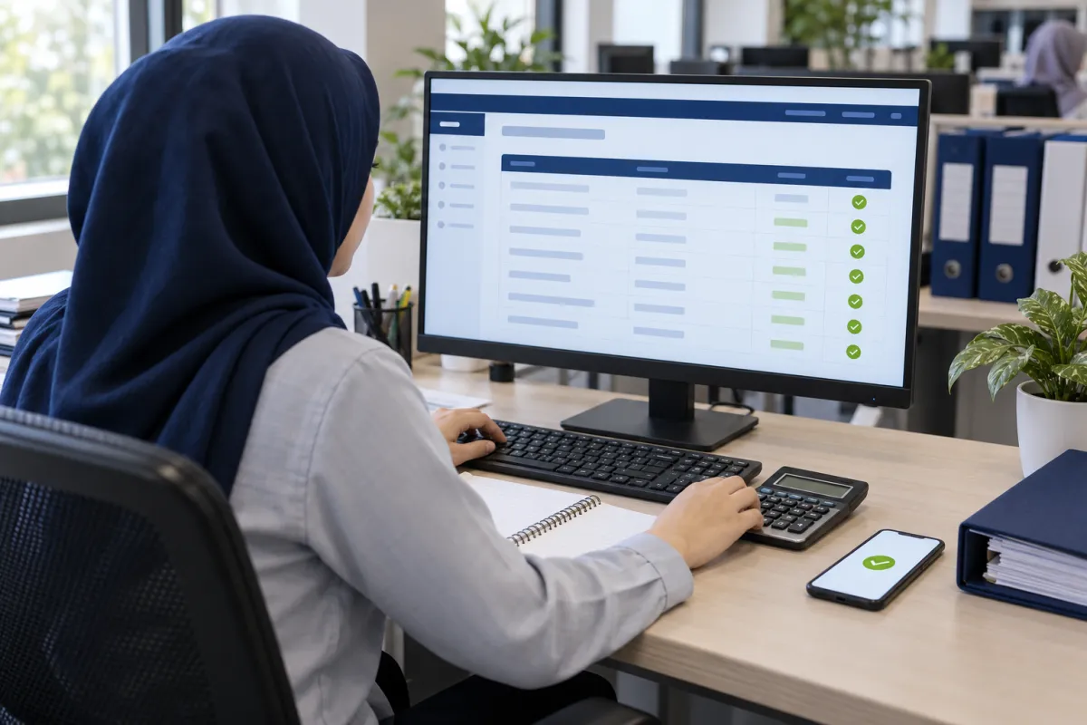 Staf keuangan travel memeriksa daftar pembayaran jamaah yang terkonfirmasi otomatis