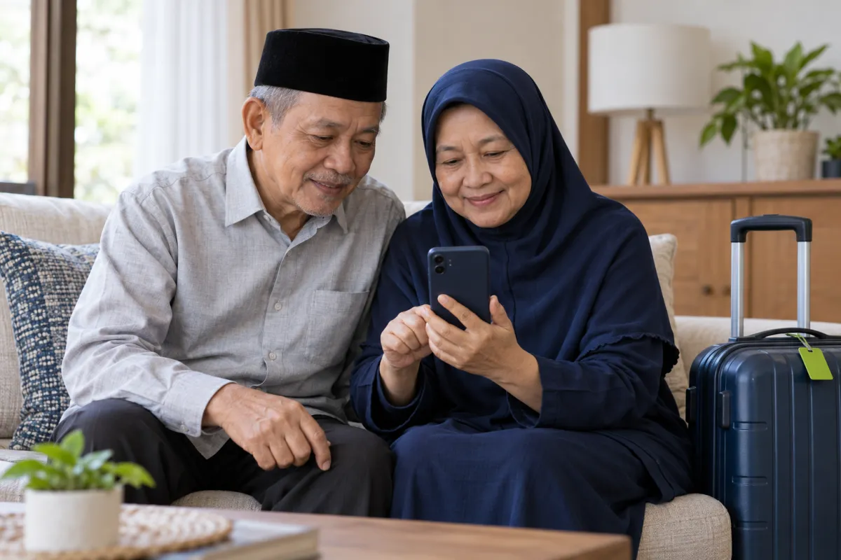 Pasangan calon jamaah membaca notifikasi layanan travel di ponsel di samping koper yang siap